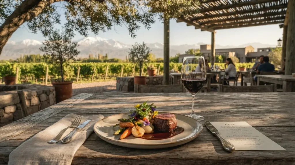 Experiencia de almuerzo con maridaje por pasos al aire libre en bodega de Mendoza.