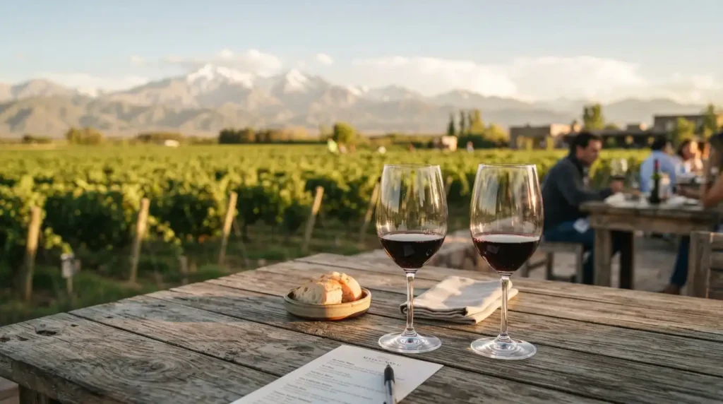 Copas de vino Malbec en mesa de cata con viñedos y la Cordillera de los Andes de fondo en Mendoza.