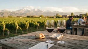 Copas de vino Malbec en mesa de cata con viñedos y la Cordillera de los Andes de fondo en Mendoza.
