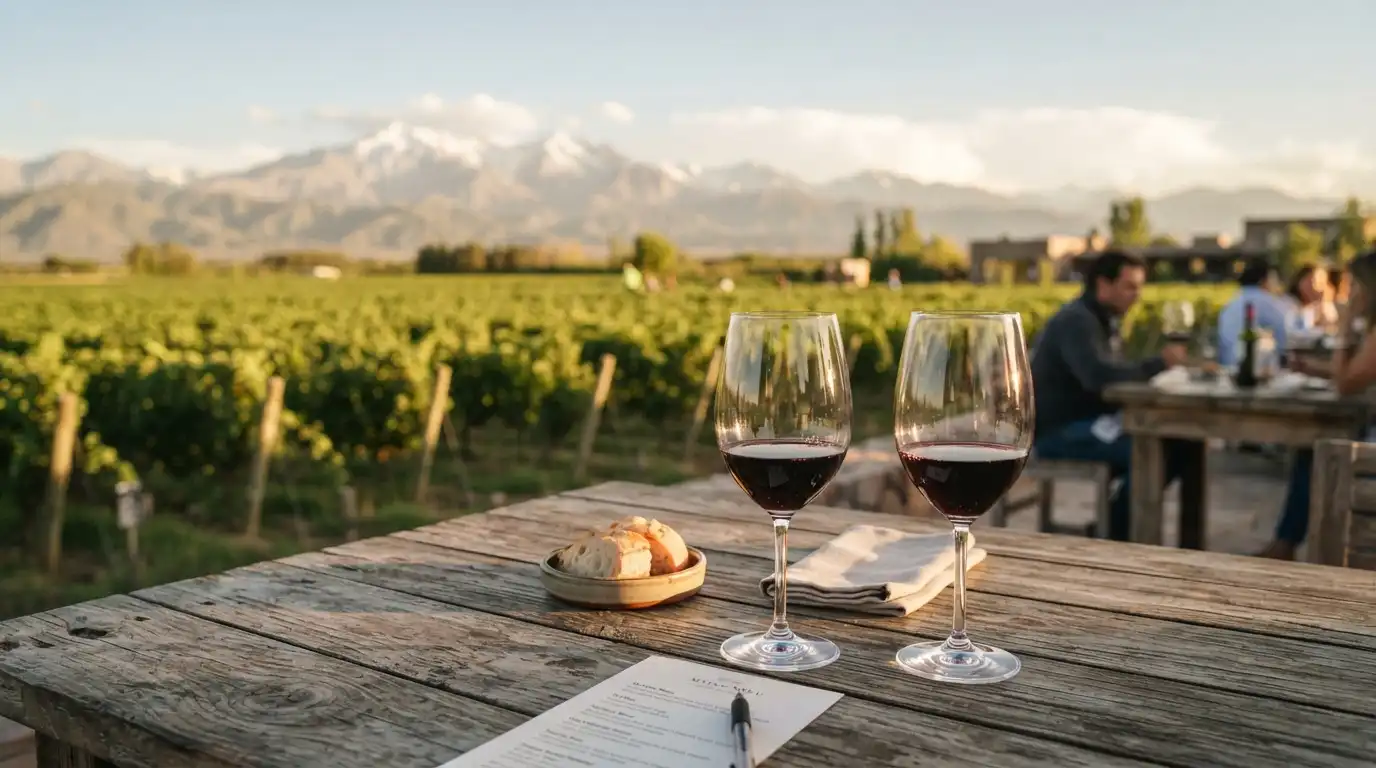 Copas de vino Malbec en mesa de cata con viñedos y la Cordillera de los Andes de fondo en Mendoza.